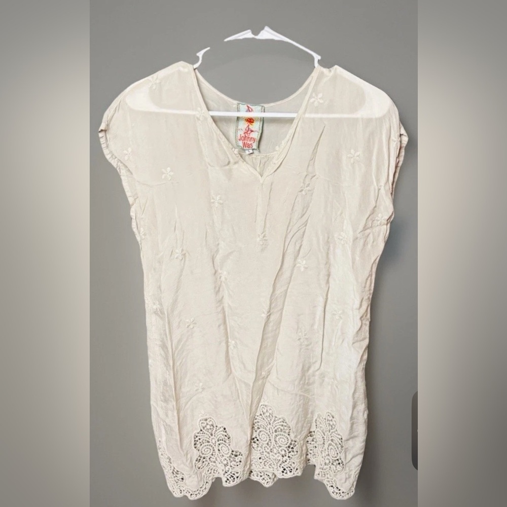 Johnny Was Embroidered Rayon Tunic Dress Small Beige Boho Crochet Hem